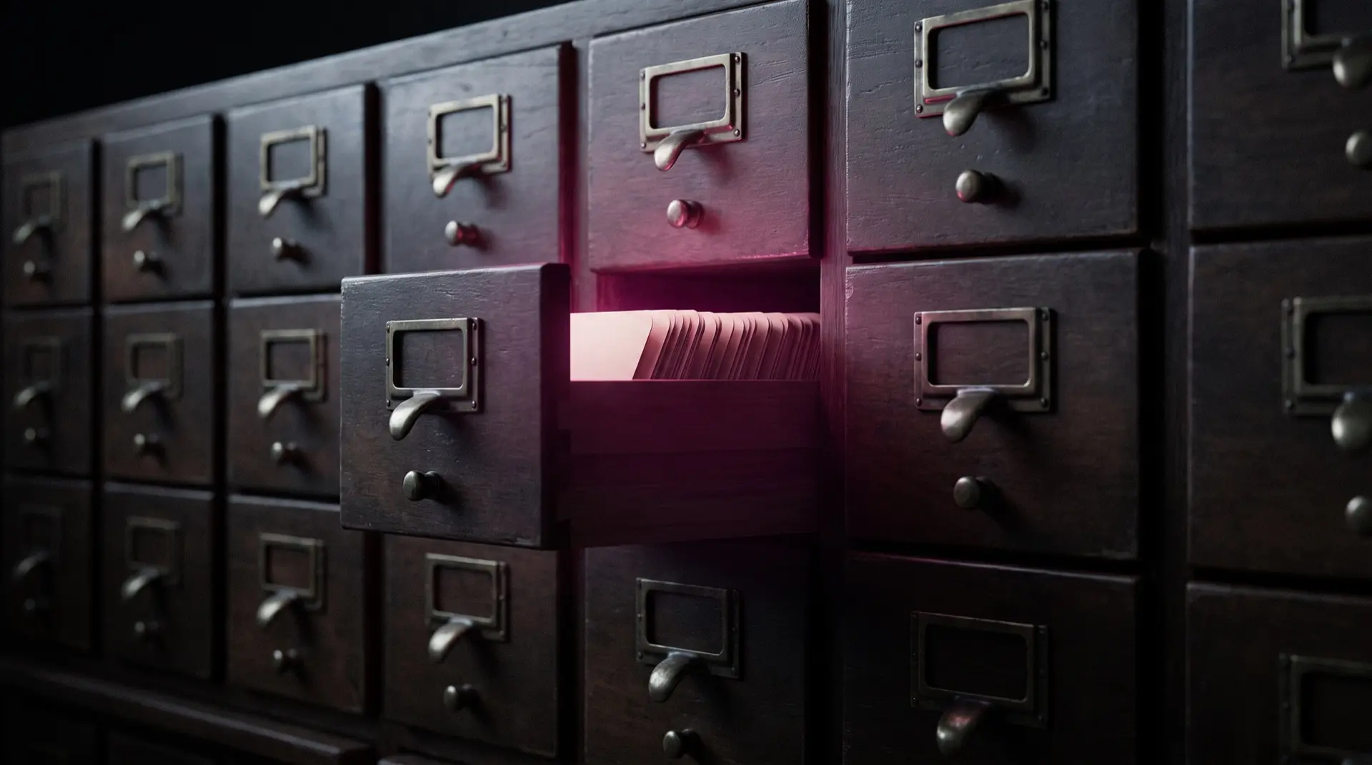 A row of card-catalogue drawers, one pulled open and lit