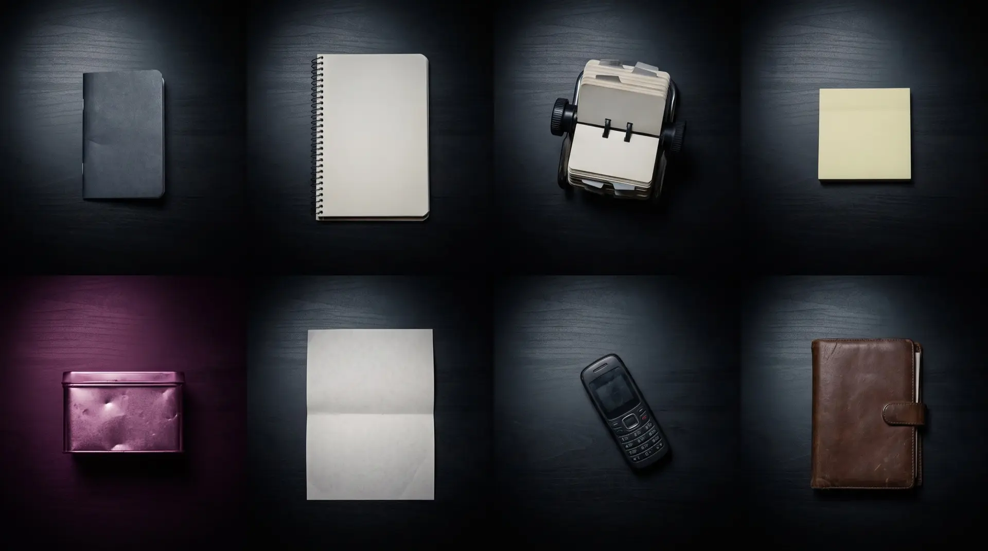 Eight things people keep a list in, a pocket notebook, a rolodex, sticky notes, a flip phone, a tin, each in its own small pool of light on a dark table