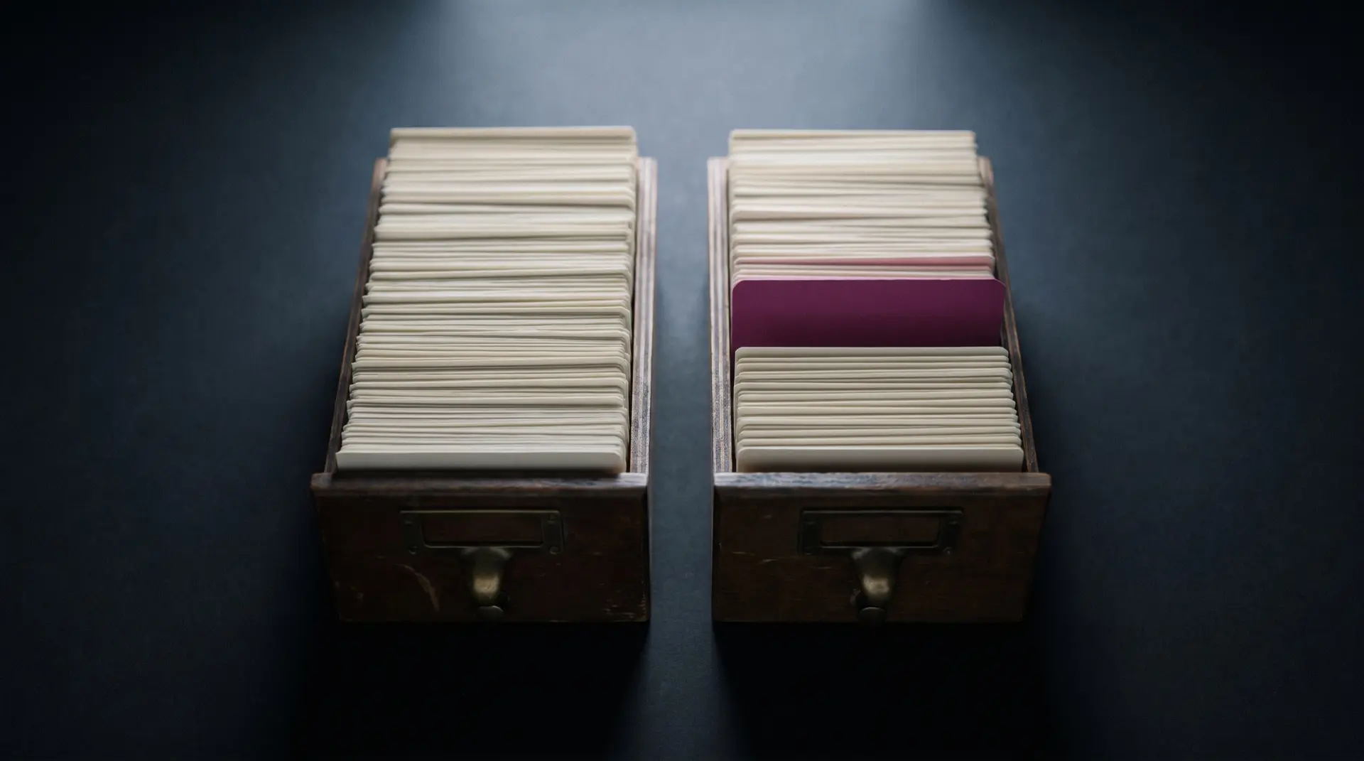 Two open card drawers side by side, one with a single berry divider card among the blank ones